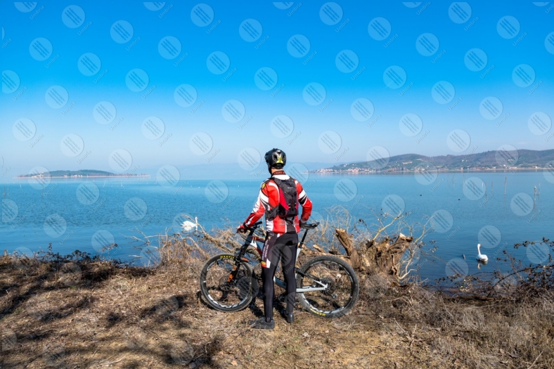 Lago Trasimento bici ciclista San Feliciano Isola Polvese sponda cigni acqua cielo cielo sereno uomo panorama vista paesaggio  Trasimeno