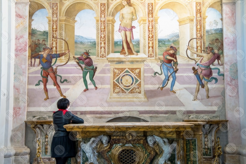 Collegiate Church of San Michele Arcangelo interior fresco colors art woman girl details particulars  Panicale