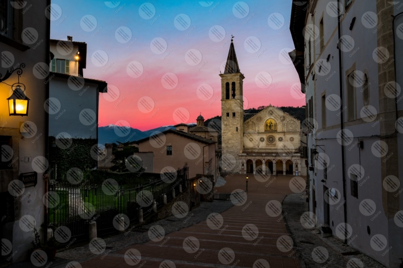 Piazza Duomo main square cathedral historical centre sunset facade staircase  Spoleto